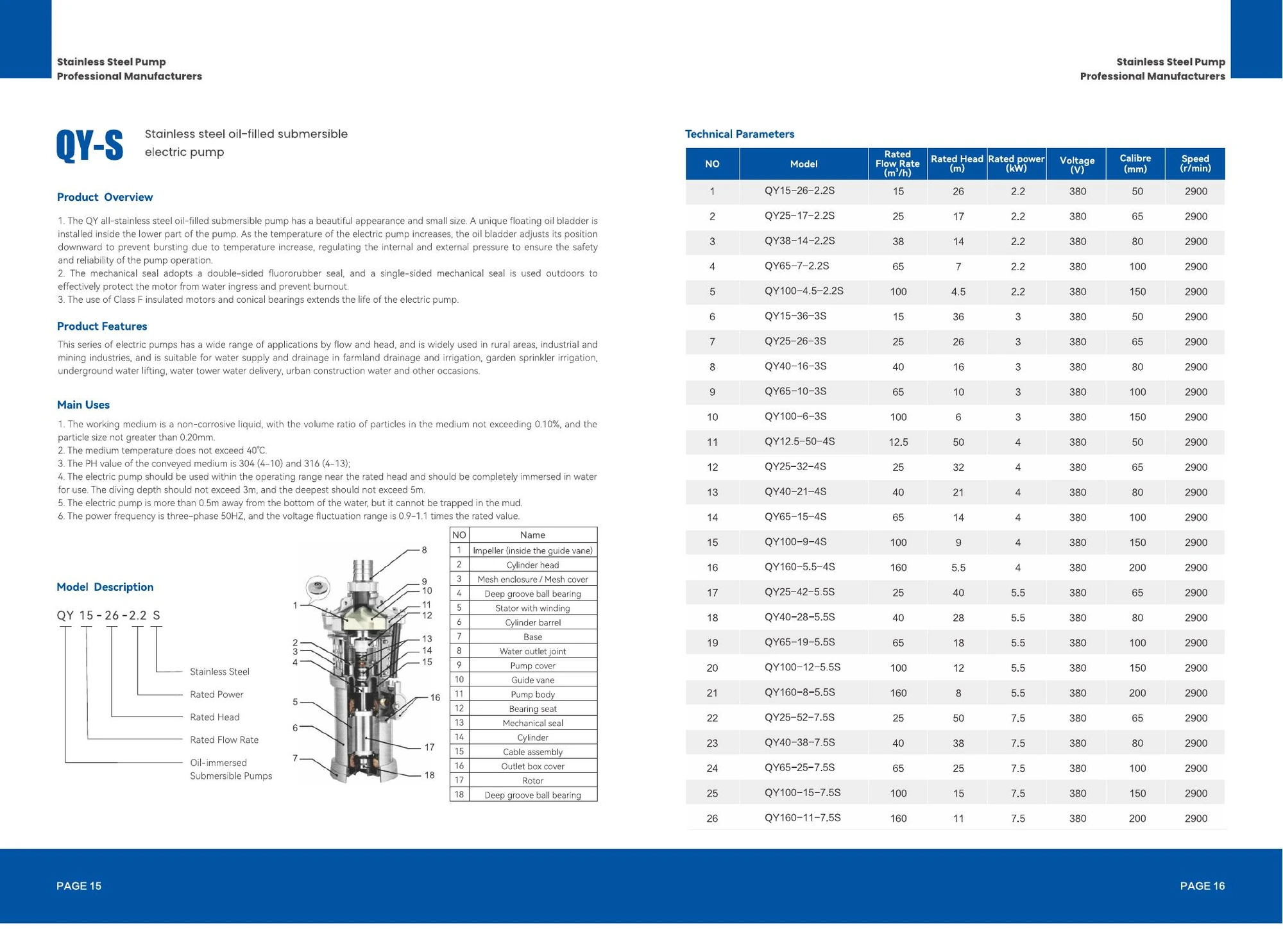 QY-S Stainless Steel Oil-Filled Submersible Pump technical parameters and model table