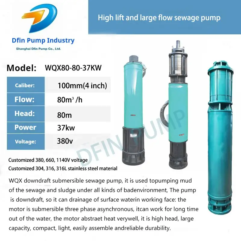 Wqx80-80-37kw Non-Blocking Cutting Submersible Pump Sewage Drainage Urban Drainage Three-Phase Sewage Pump