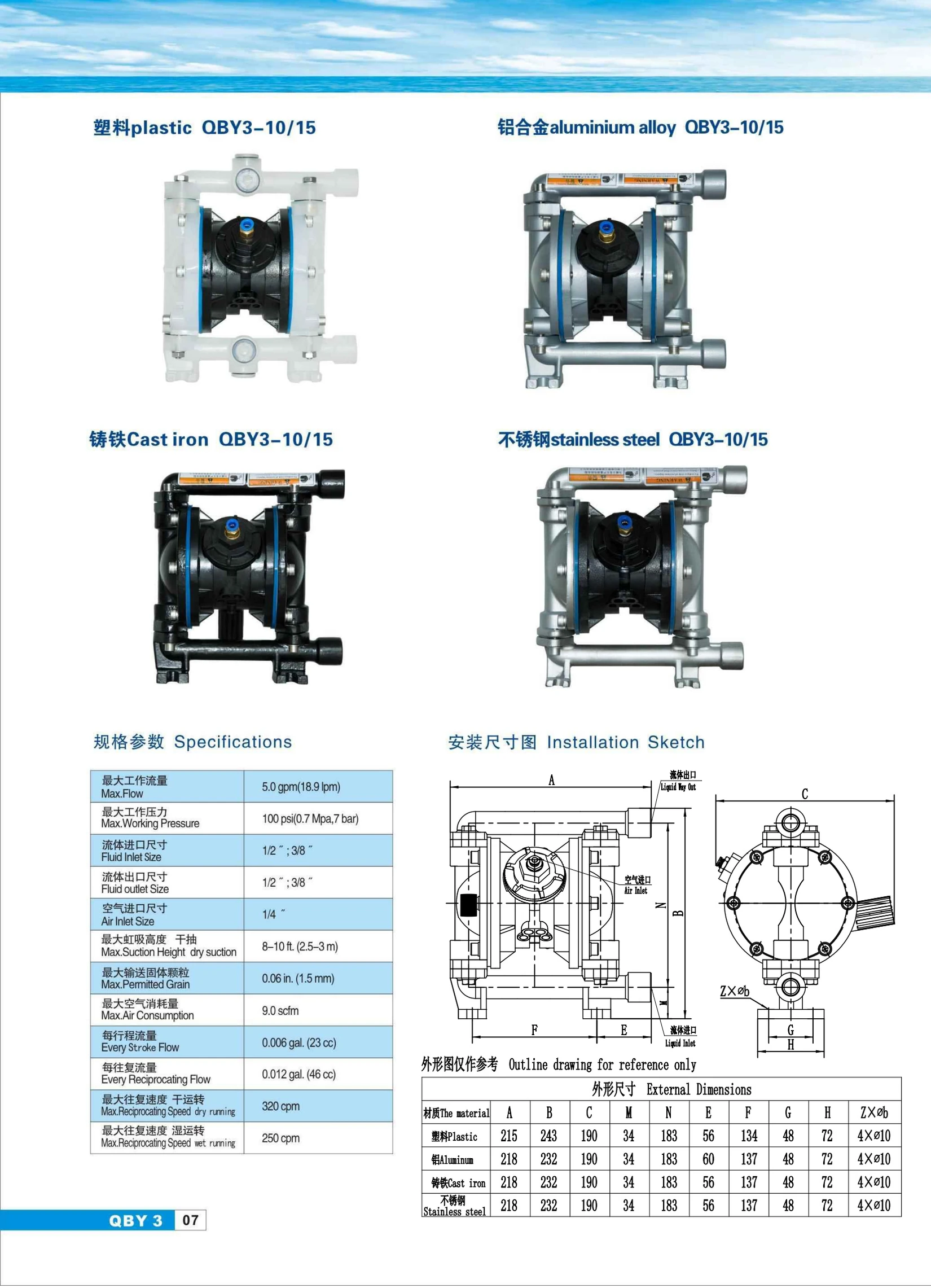 QBY3-10/15 pneumatic diaphragm pump technical parameter sheet