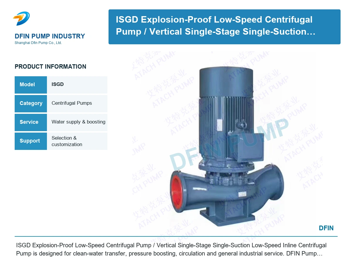 ISGD Explosion-Proof Low-Speed Centrifugal Pump/ Vertical Single-Stage Single-Suction Low-Speed Inline Centrifugal Pump